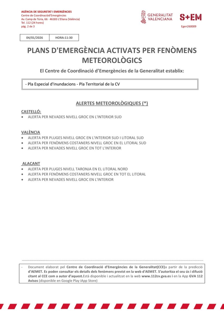 🚨El Centro de Coordinación de Emergencias actualiza y amplía las alertas por fenómenos meteorológicos.

❄️🟡Se activa la alerta amarilla por nevadas en el interior sur de Castellón e interior de las provincias de Valencia y Alicante.

🕗El episodio de nevadas está previsto para