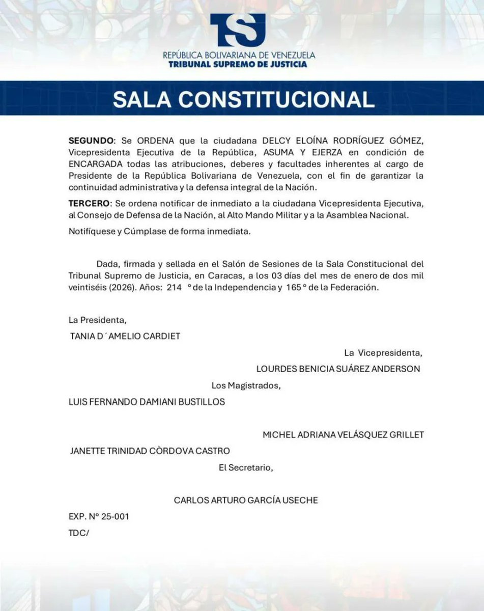 La Sala Constitucional del Tribunal Supremo de Justicia, TSJ, ha ordenado que nuestra vicepresidenta ejecutiva, Delcy Rodríguez, asuma y ejerza de forma inmediata el cargo de Presidenta Encargada de la República Bolivariana de #Venezuela 🇻🇪