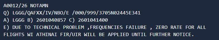 flightradar24's tweet photo. Due to a technical problem causing communication frequencies failure, a zero rate is in effect for all flights within Athinai FIR/UIR until further notice. https://t.co/JPUe3Mm9bC