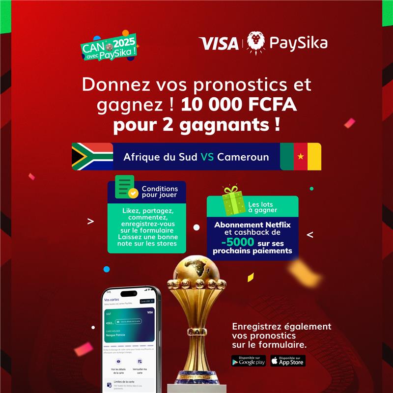 ⚽🔥 𝐉𝐄𝐔 𝐂𝐎𝐍𝐂𝐎𝐔𝐑𝐒 𝐏𝐑𝐎𝐍𝐎𝐒𝐓𝐈𝐂𝐒 – 𝐂𝐀𝐍 𝟐𝟎𝟐𝟓 𝐚𝐯𝐞𝐜 𝐏𝐚𝐲𝐒𝐢𝐤𝐚 🔥⚽

La CAN continue de nous faire vibrer… et PaySika vous fait gagner 💥

🎯 Match du jour
🇿🇦 Afrique du Sud 🆚 🇨🇲 Cameroun

💰 À gagner : 10 000 FCFA pour 2 gagnants !
👉 5 000 FCFA