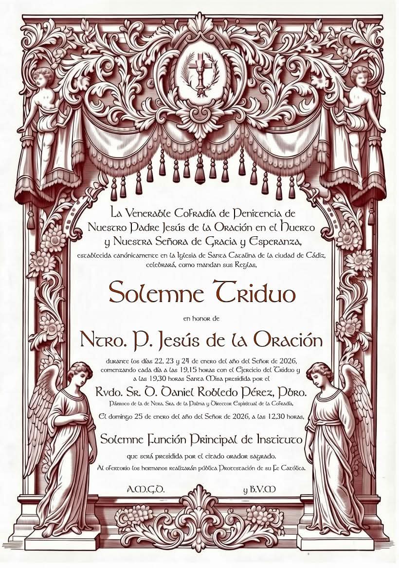 🔴🟢⚪️ Solemne Triduo a Nuestro Padre Jesús de la Oración en el Huerto.
<a href="/OracionCadiz/">Cofradía de la Oración en el Huerto (Cádiz)</a>

👉🏻 cadizcofrade.net/actualidad/not…

#CádizCofrade #Cádiz