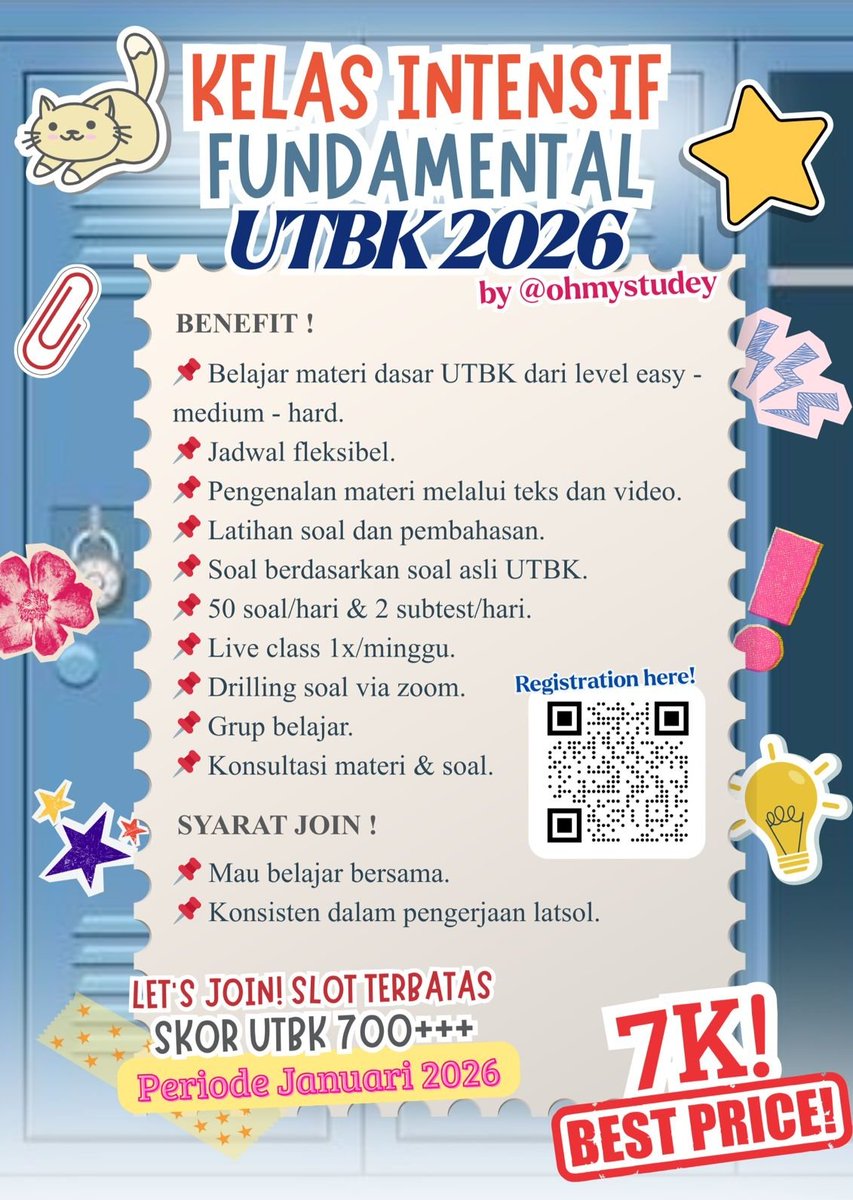 leaveying's tweet image. Yang lain udah mulai intensif…
Masa kamu masih “nanti-nanti”? 👀

Haloo guyss aku sama temenku lagi buka Kelas Intensif UTBK periode Januari 2026 yang siap nemenin kamu! Yuk join les online intensif UTBK yang pastinya ga bikin kantong bolong! kuota terbatas! #utbk2026