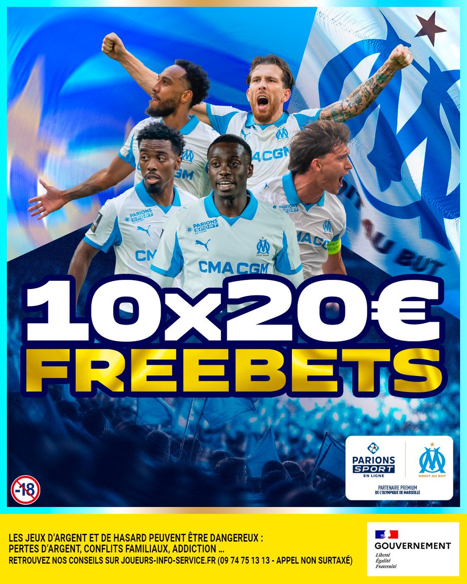 FREEEEEEEEBETS ! 🚀

👉 Qui sera buteur pour l'OM ?

Pour jouer :
1️⃣ RT + Follow
2️⃣ Commente avec le buteur + #OMxParionsSport

📆 TAS le 05/01
📃 Règlement : bit.ly/45Ljuky