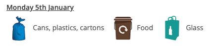 Back to normal with a chilly, grey week in prospect. Best warm up  by recycling cans, plastics and cartons in blue bags please plus the "glass bag" for jars and bottles and your food caddy.
Mind, 🕰️change in 83 days!!