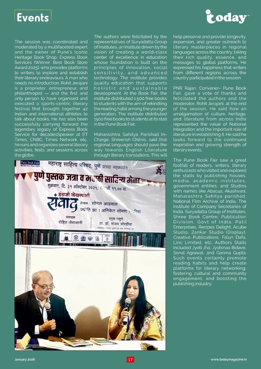 Imjyoti5's tweet photo. Today Magazine January Edition dazzling with Literary Spirit!
English Authors’ Meet at #PUNEBOOKFAIR #ExpressBookService #RohitJerajani
#TodayMagazine https://t.co/JKvHoBbELH
