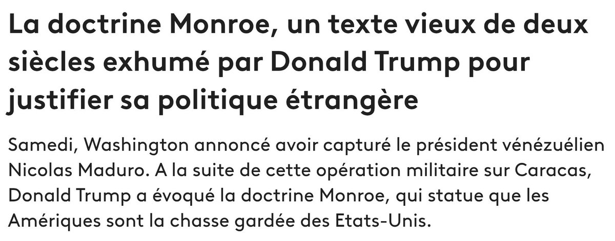 Ah ouais, ce mec est complètement barré. Déterrer la doctrine Monroe, un truc poussiéreux du 19e siècle qui disait déjà "l'Amérique aux Américains".... et dire que tout ça s’est joué à quelques millimètres 😏 #VenezuelaLibre