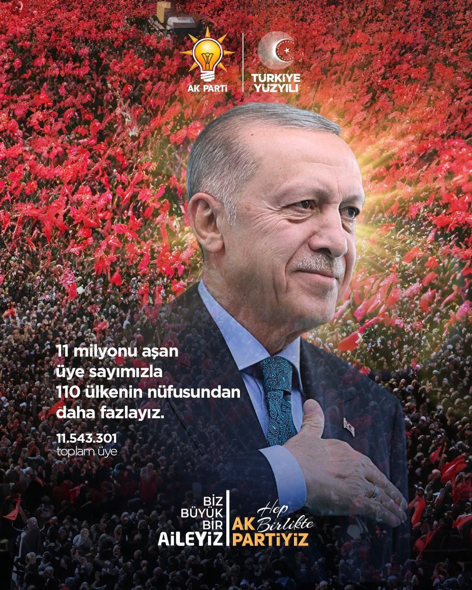 11 milyon 543 bin 301 üyemizle biz büyük bir aileyiz; hep birlikte AK Parti’yiz.

#BizBüyükBirAileyiz