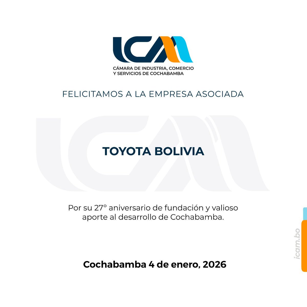 ICAMCBBA's tweet image. 🌟 ¡Felicitamos a nuestra afiliada por su aniversario! 💪

▶ TOYOTA BOLIVIA 

¡Sigamos construyendo juntos un futuro brillante! ✨

#ICAM #HechoEnBolivia #FamiliaICAM