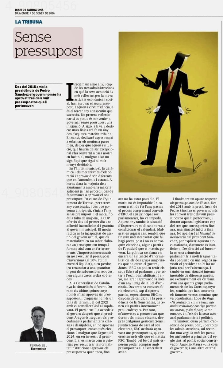 ❇️ Comença l’any 2026, i 
🔻Ni a #Espanya l’Estat 
🔻Ni a  #Catalunya la Generalitat
🔻Ni a  #Tortosa l’Ajuntament
han aprovat el seu pressupost i és el tercer any consecutiu que passa
Al <a href="/diaridtarragona/">Diari de Tarragona</a> intento esbrinar els motius
👉🏻 diaridetarragona.com/opinion/tribun…