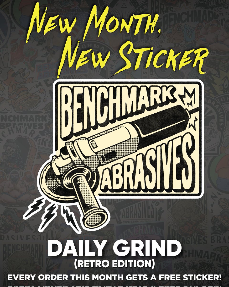 BnchmrkAbrasive's tweet image. Meet our January sticker!

This month's sticker is straight Benchmark Energy. A bold, vintage-style Daily Grind tribute.

Toolboxes. Welders. Carts. Grinders. If it lives in the shop, this belongs on it!
. . .
#benchmarkabrasives #stickers #newsticker #dailygrind #vintage
