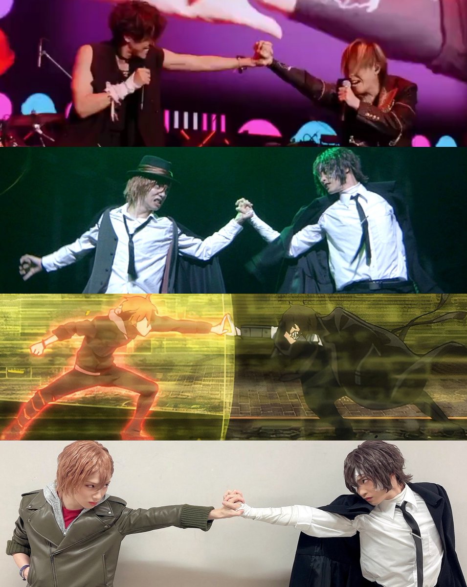 TatasenkoMana's tweet image. Voice actors Mamoru Kisho and stage actors Rui Ueda reaching for each others' hands with the same intensity as Dazai and Chuuya 🔥