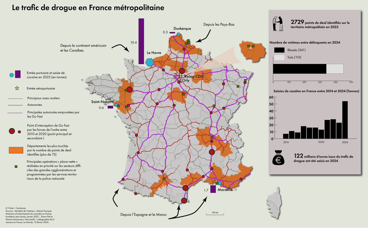 cartolycee's tweet image. Le trafic de drogue en France métropolitaine. Un corpus carto d’accompagnement pour un travail sur la notion d’État de droit en #EMC seconde cartolycee.net/spip.php?artic…