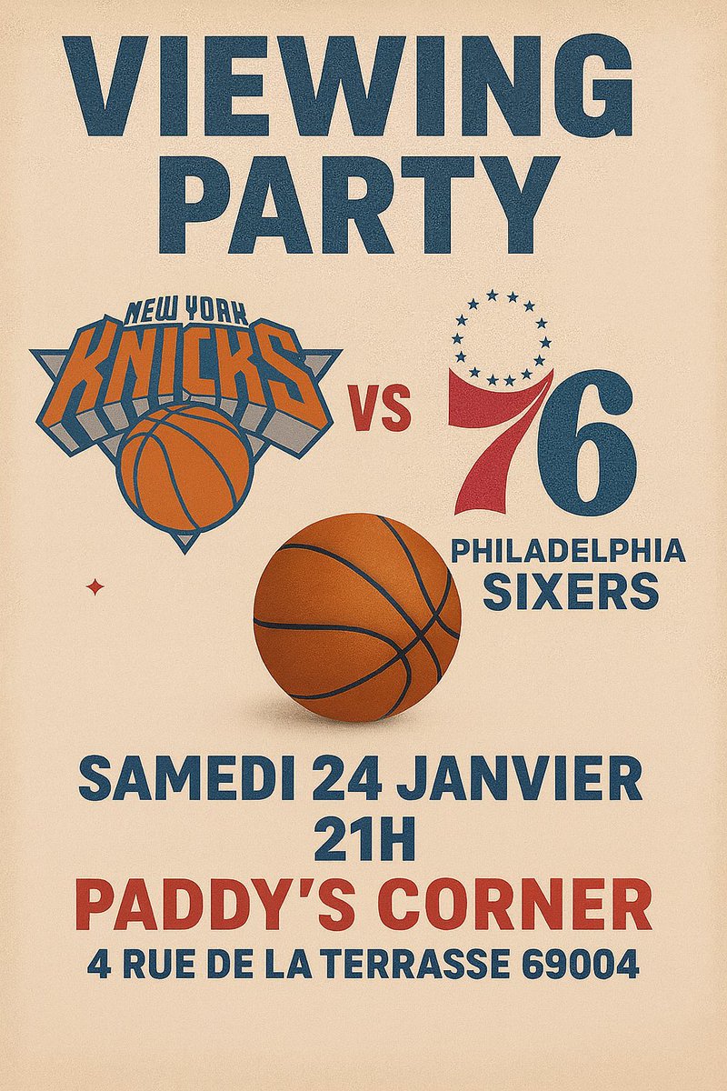 Anthooo03's tweet image. T'es de Lyon ou aux alentours ? Je te propose de te rassembler entre passionnés de 🏀🏀🏀au Paddy's Corner 4 rue de la Terrasse à Lyon le 24/01 (gratuit). @FR_Sixers @KnicksVerseFr @KnicksFr @KnicksNationFr @KnicksFrance @SixersFR @SixersFrance onparticipe.fr/b/xjGaKIsF