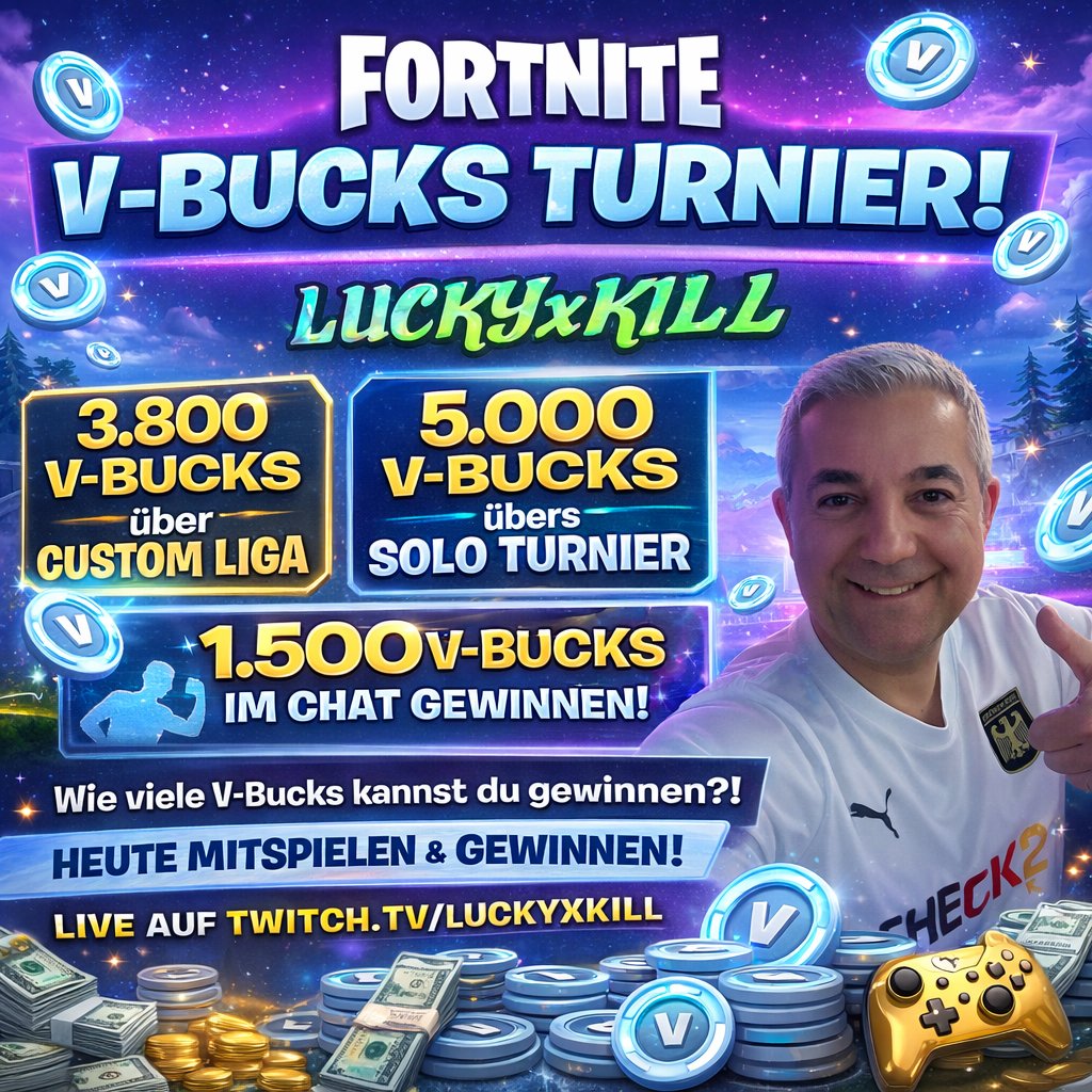 10.000 VBucks 💵
3.800  Vbucks Custom Liga
Top 100 earn a ticket 🎫 for
5.000 Vbucks Solo Cup 🏆
1.500 Vbucks in Chat !fisch
Tournament Settings (Syphon)
twitch.tv/luckyxkill

Use Code: LUCKYXKILL ✅