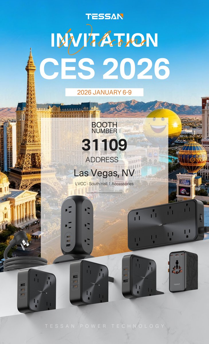Ready for CES 2026? 🥳

Visit TESSAN at Booth 31109, LVCC South Hall 1, Jan. 6–9, and experience the future of smarter home and travel charging.

Don’t miss a sneak peek at our newest products!

#TESSAN #CES2026 #CES #Tech #Innovation #travelcharger
