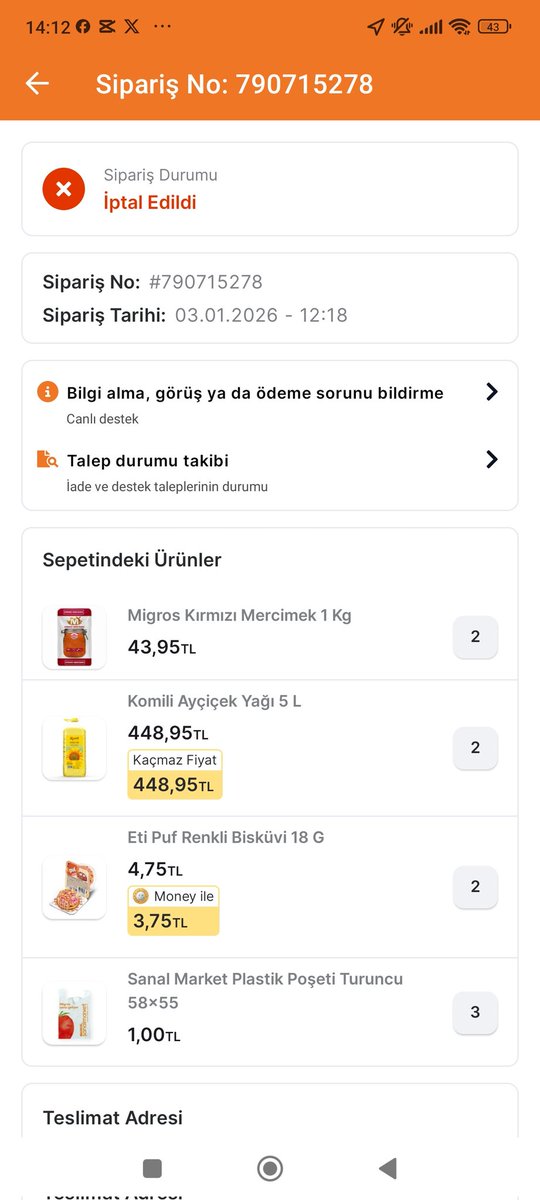 Dün Sipariş verdiğim Ürün hava şartları müsait olmasına rağmen kurye yada yetkili birim tarafından iptal edildi <a href="/migros/">Migros</a> <a href="/Migros_Turkiye/">Migros Türkiye</a> bu nasıl kurumsallik