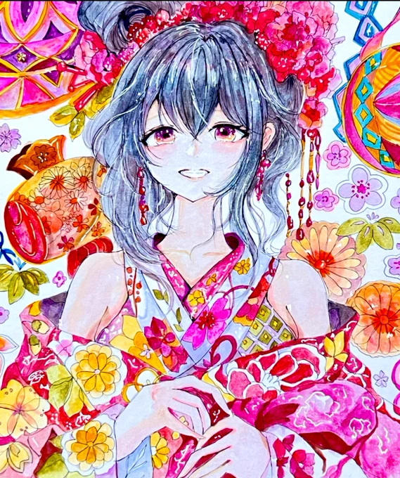 明日1月5日(月)21時頃にヤフオク出品します お正月用に制作した、華やかな着物姿の女の子の色紙大サイズ原画です。 笑顔と柔らかな表情が印象的な一枚です。 宜しければぜひお迎えください #イラスト #原画 #一点もの #和装美少女