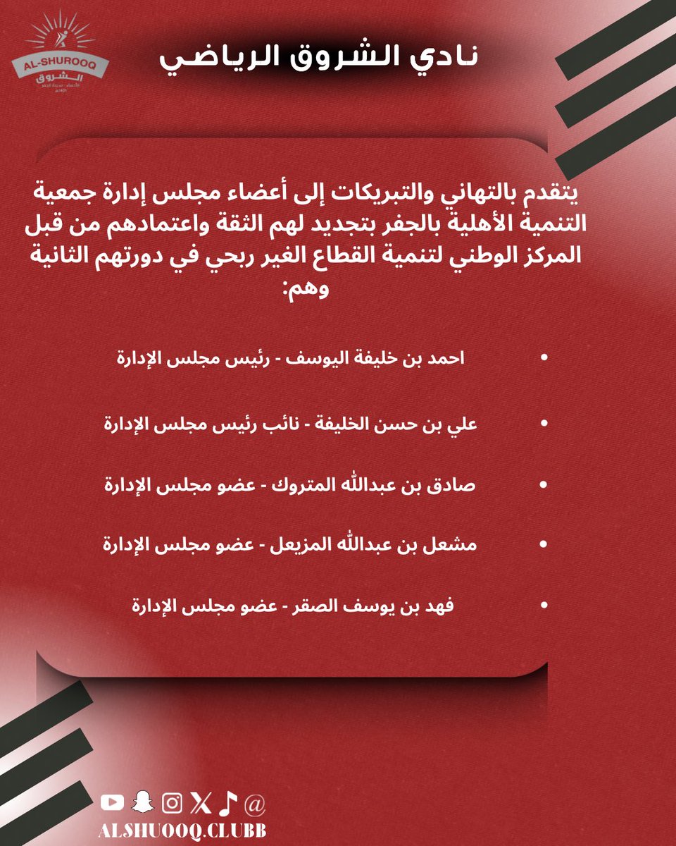 🔴⚪️
يتقدم نادي الشروق الرياضي بالتهاني والتبريكات إلى أعضاء مجلس إدارة جمعية التنمية الأهلية بالجفر بتجديد لهم الثقة واعتمادهم من قبل المركز الوطني لتنمية القطاع الغير ربحي في دورتهم الثانية لأربع سنوات قادمة
#نادي_الشروق_الرياضي