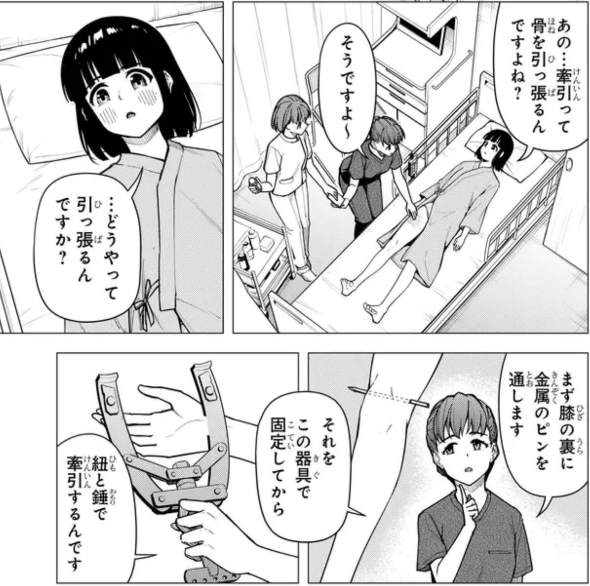 sideslot's tweet photo. Webコミック『スーパーカブ』　第57話　
ついに例の回が来た。バイクで事故って、右大腿骨を骨折し、入院するヒロイン。牽引固定という超マニアックなシーンが細か過ぎて困る。今後も期待！ https://t.co/pGKuaACyyD