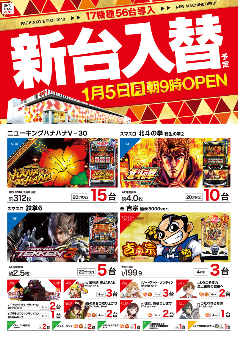 明日のご案内です😄 1月5日（月） 新📷台📷入📷替 17機種56台