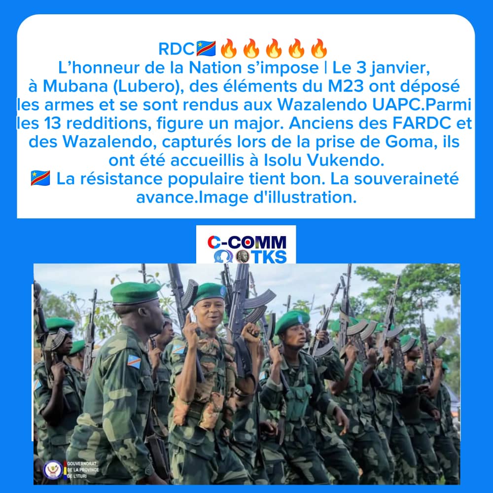 winnerbolinda's tweet photo. 🇨🇩🔥 L’honneur de la Nation s’impose !
Le 3 janvier à Mubana (Lubero), des éléments du M23 ont déposé les armes et se sont rendus aux Wazalendo de l’UAPC.
Parmi les 13 redditions figure un major. Anciens FARDC et Wazalendo capturés lors de la prise de Goma, ils ont été accueillis à Isolu Vukendo.
La résistance populaire tient bon, la souveraineté nationale avance. ✊🏽🇨🇩
#C_COMM_TKS