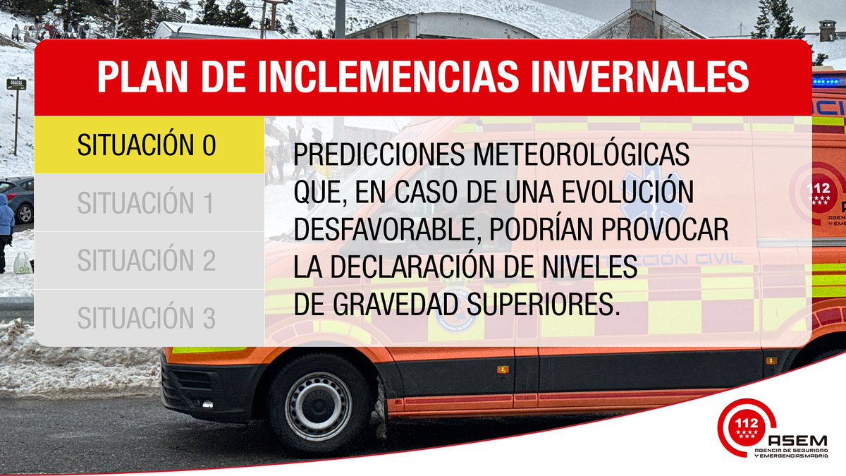 🚩 Ante el aviso amarillo por nevadas emitido por <a href="/AEMET_Madrid/">AEMET_Madrid</a> para esta tarde desde las 15:00 h. en Sierra y a partir de las 00:00 h. en zona Metropolitana y Henares, la <a href="/ComunidadMadrid/">Comunidad de Madrid</a> activa la situacion operativa 0 del #PlanInclemenciasCM.

#ASEM112