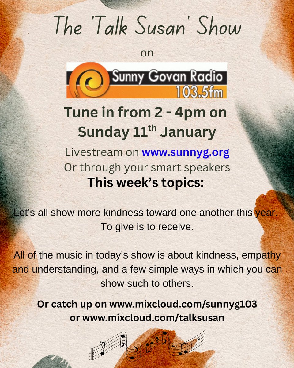 Tune in to <a href="/SunnyGRadio/">Sunny G Radio</a> from 2-4 pm today for my show. Let’s all show more #kindness toward one another this year. To give is to receive.

All of the music in today’s show is about kindness, empathy and understanding, and a few simple ways in which you can show such to others.