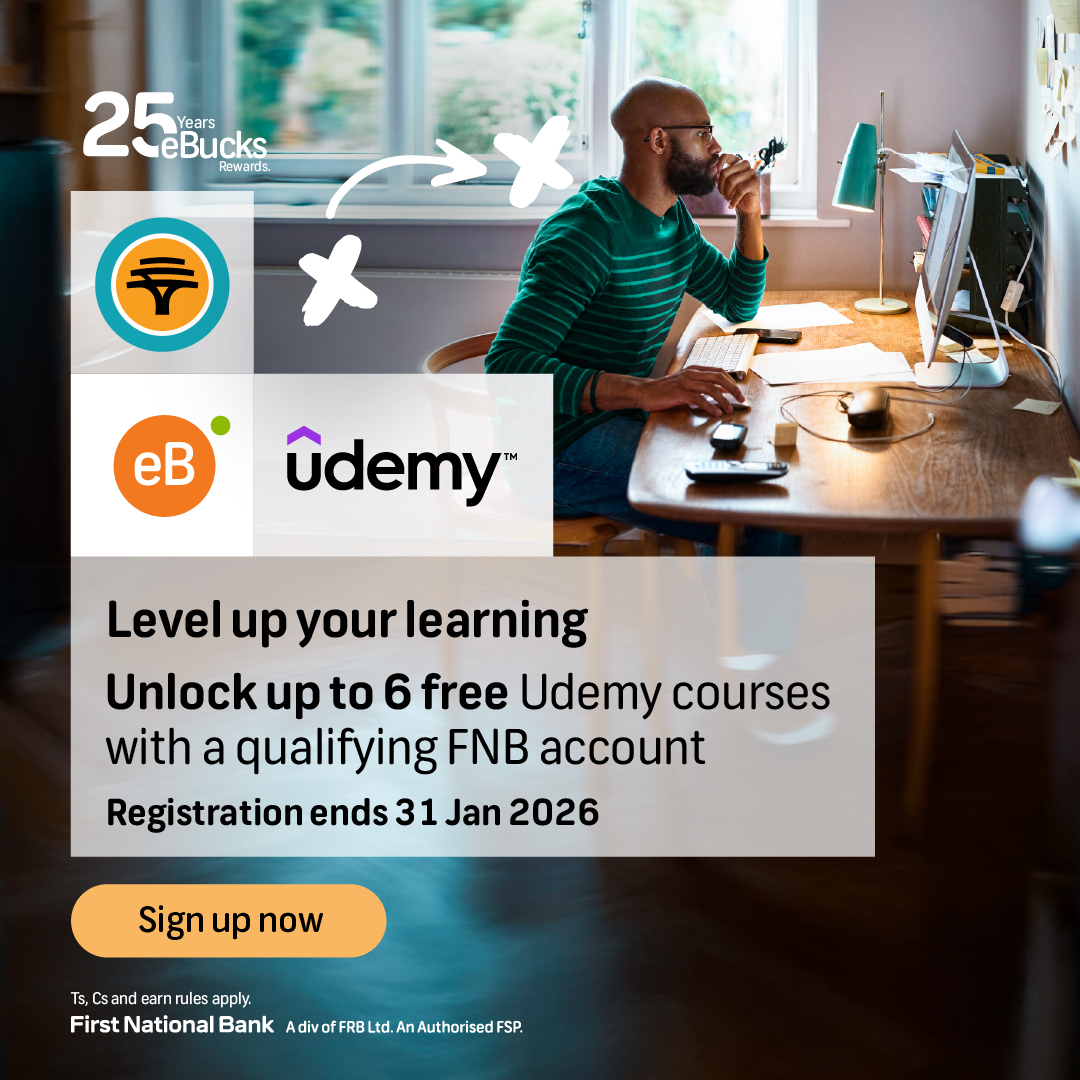 FNBSA's tweet photo. January is all about sharpening the game plan. Unlock up to 6 @udemy courses using your qualifying FNB account &amp; level up your hustle, career, or passion project, one smart move at a time. Enrol in up to 2 courses per month &amp; up to 6 courses a year. Registration ends 31 Jan 2026. https://t.co/klaZBuD72D