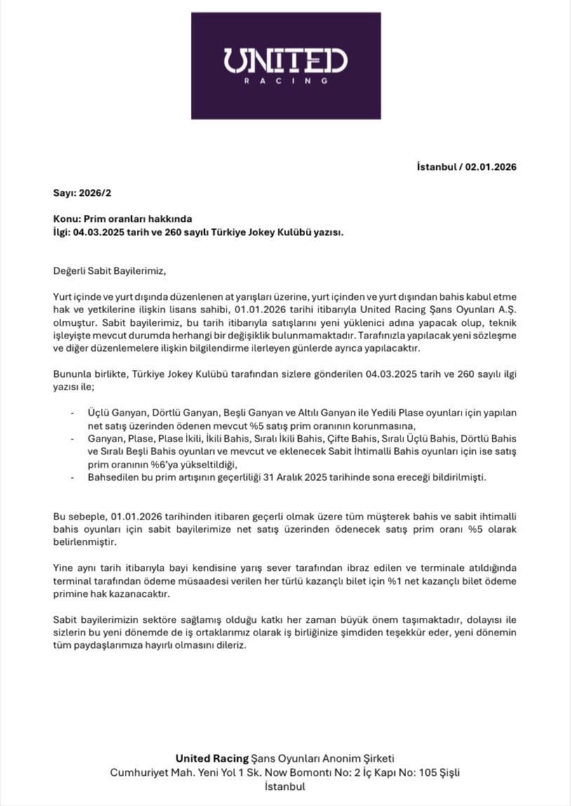 At yarışları üzerine bahis kabul etme yetkisinin United Racing Şans Oyunları A.Ş.’ye devredildiğini daha önce kamuoyuyla paylaşmıştım.

Türkiye Jokey Kulübü’nün 04.03.2025 tarihli yazısı ile sanal bayiler için satış primi %4,5’e yükseltilmişti.

Ancak özel şirkete devir