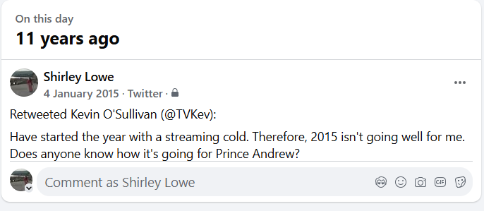 ShirleyMLowe's tweet photo. @TVKev this came up in my FB memories and I thought that you would enjoy your own post. https://t.co/u4oMGqTyk5
