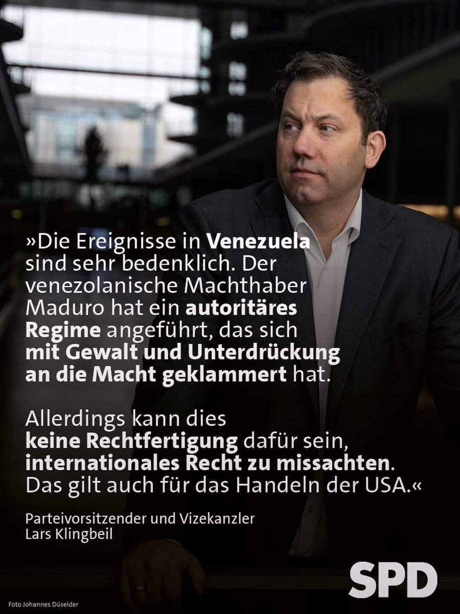 Jetzt muss es darum gehen, jegliche weitere Eskalation zu verhindern und den Pfad zu einem friedlichen Übergang zur Demokratie in Venezuela zu finden, damit die venezolanische Bevölkerung über ihre Zukunft selbst entscheiden kann. <a href="/larsklingbeil/">Lars Klingbeil 🇪🇺</a> <a href="/spdde/">SPD Parteivorstand 🇪🇺</a> <a href="/spdbt/">SPD-Fraktion im Bundestag</a>