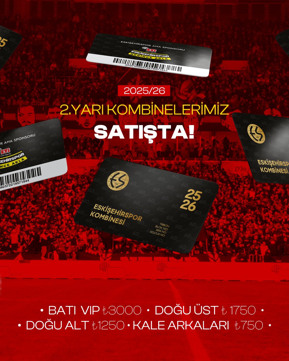 🔥 2. YARI KOMBİNE SATIŞLARIMIZ 5 OCAK PAZARTESİ GÜNÜ BAŞLIYOR! ⚫️🔴

Eskişehirspor’umuzda ligin ikinci devresi için kombine satışlarımız yeniden başlıyor.
Tribündeki yerini al, takımımızın yanında ol! 🏟️

Kombine Fiyatları
•⁠  ⁠Batı VIP: 3.000 TL
•⁠  ⁠Doğu Üst: 1.750 TL