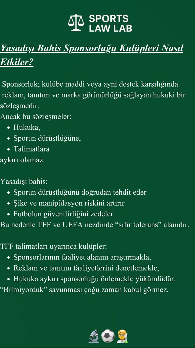 SportsLawLab's tweet photo. Yasadışı bahis sponsorluğu kulüpleri ne kadar riske atar?

❓ “Biz bilmiyorduk” savunması yeterli mi? 

❓ Sözleşme yapılmışsa kulüp sorumluluktan kurtulur mu? 

❓ TFF ve UEFA bu durumda ne tür yaptırımlar uygulayabilir?

#SportsLawLab #YasadışıBahis #SporHukuku #Sponsorluk #TFF https://t.co/VijnBthRTr