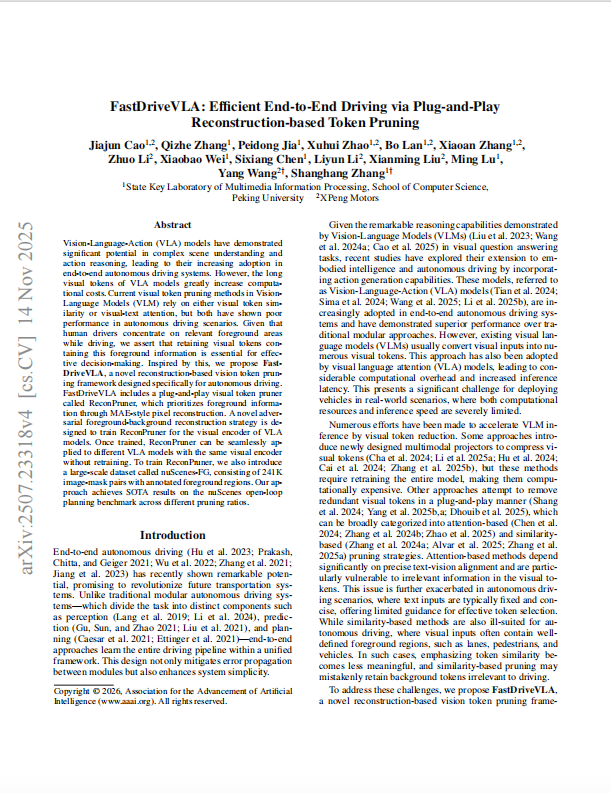 deeppdf_ai's tweet photo. Summary of 2026 #AAAI Paper:
🚗 FastDriveVLA: SOTA Token Pruning for Autonomous Driving! 🚀
Plug-and-play ReconPruner (0.07B params) → foreground focus, no retraining. nuScenes-FG (241k pairs) + 7.5× FLOPs cut. Crushes benchmarks! 📊
Details👉https://t.co/1s4q1HPy0g https://t.co/dL9b5DTPDw