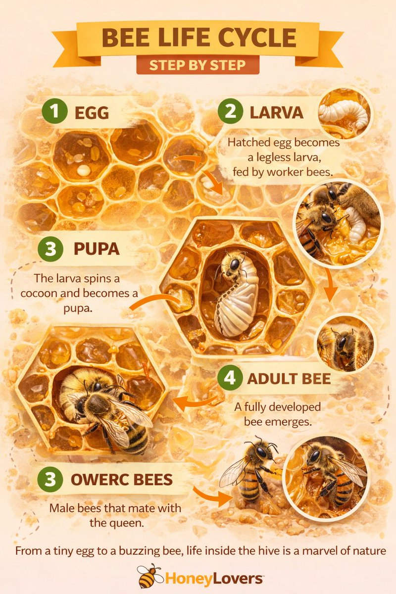 From a tiny egg to a buzzing worker — this is the incredible life cycle of a bee.
Each stage inside the hive plays a vital role in keeping the colony alive and thriving.
Bees don’t just make honey… they sustain ecosystems 📷📷
Understanding their life helps us protect their