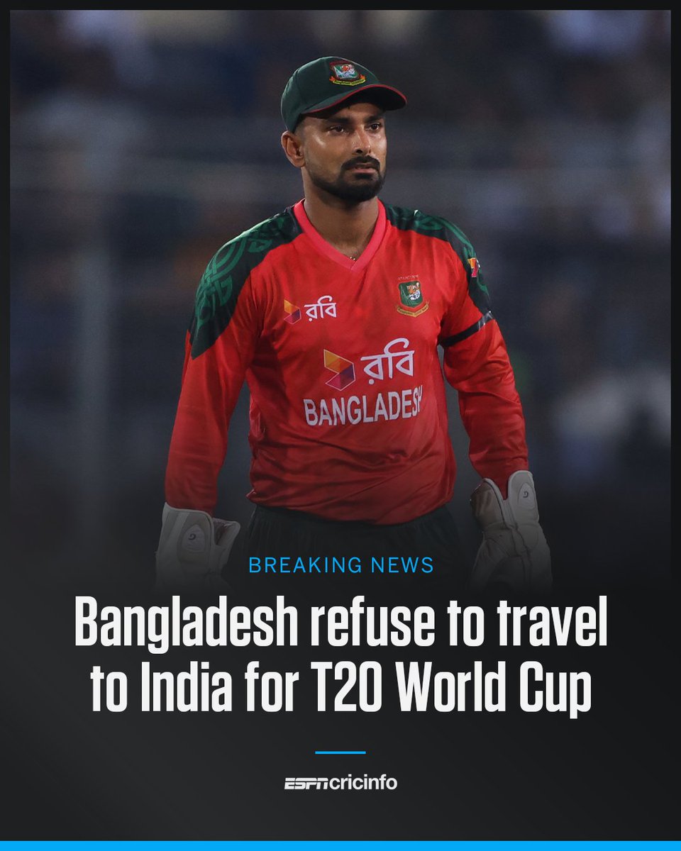 cricinfo's tweet photo. Bangladesh have refused to travel to India for the upcoming T20 World Cup citing concerns around "safety and well-being" of the players 👉 https://t.co/0zlGN47rRq https://t.co/67t5kySRxh