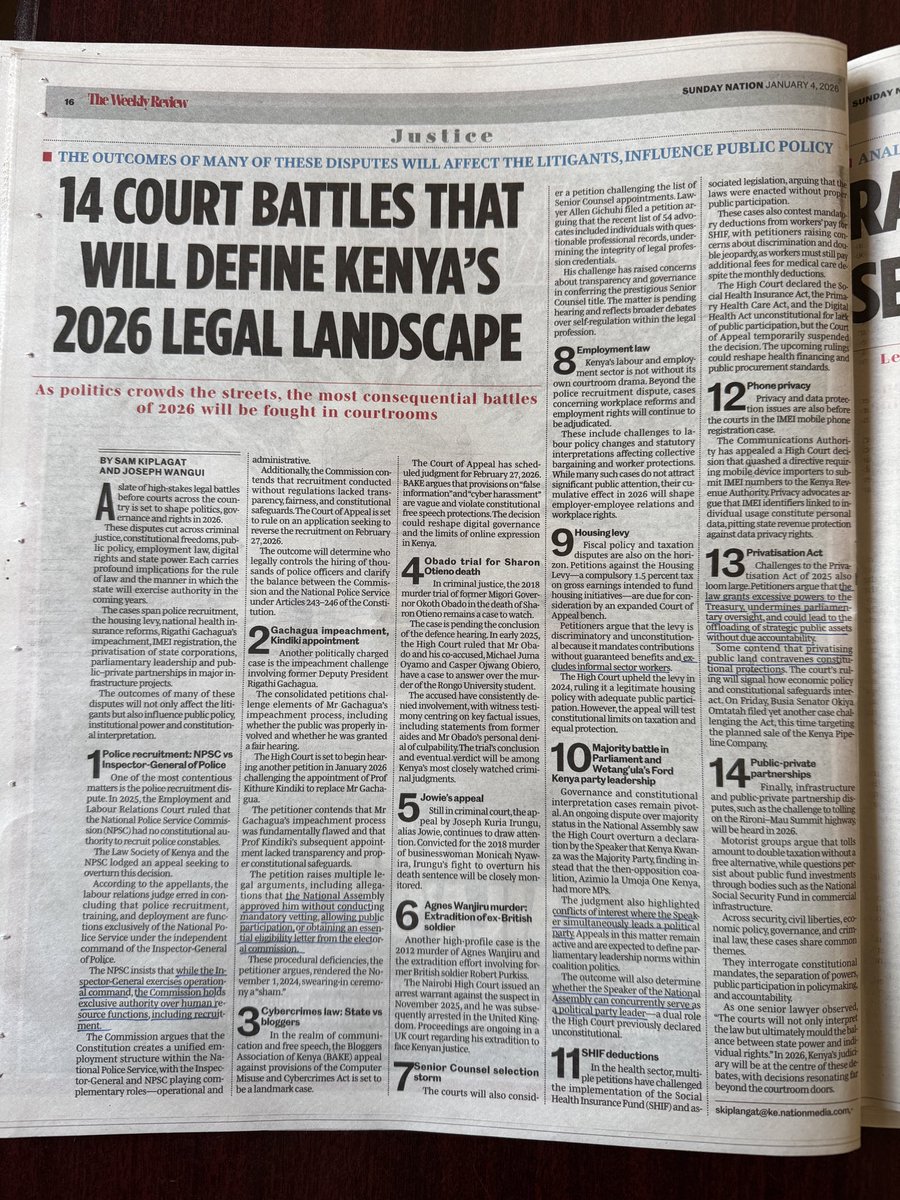 AnganaKeith's tweet image. A list of 14 high-stakes legal battles in 2026, whose outcomes will influence public policy, institutional power and constitutional interpretation, ranging from the housing levy, privatization, PPPs, SHIF deductions, employment laws etc.: