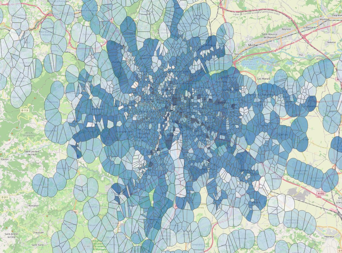 ébauche des zones d'influences de chaque arrêt du réseau TCL coloré en fonction du dernier passage le soir à l'arrêt, pour voir quelles zones sont le moins bien desservies à partir d'une certaine heure