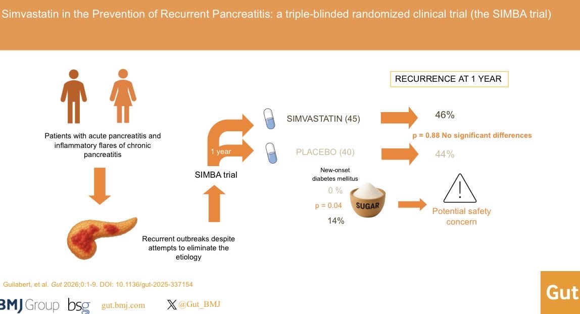 Lguilabert1's tweet photo. Happy to start 2026 with my first publication in @Gut_BMJ ‼️

SIMBA🦁trial is out🔈
Simvastatin🤜🏼🤛🏼 placebo for recurrent pancreatitis
✅23 🇪🇸🇮🇳 🏥
✅No recurrence difference 
✅⬆️diabetes with statin⁉️

Thanks 🙏🏼 to all 🏥 and @DeMadaria 
See more⬇️⬇️

https://t.co/HhmWTQv3KC https://t.co/IsxcLUCbRA