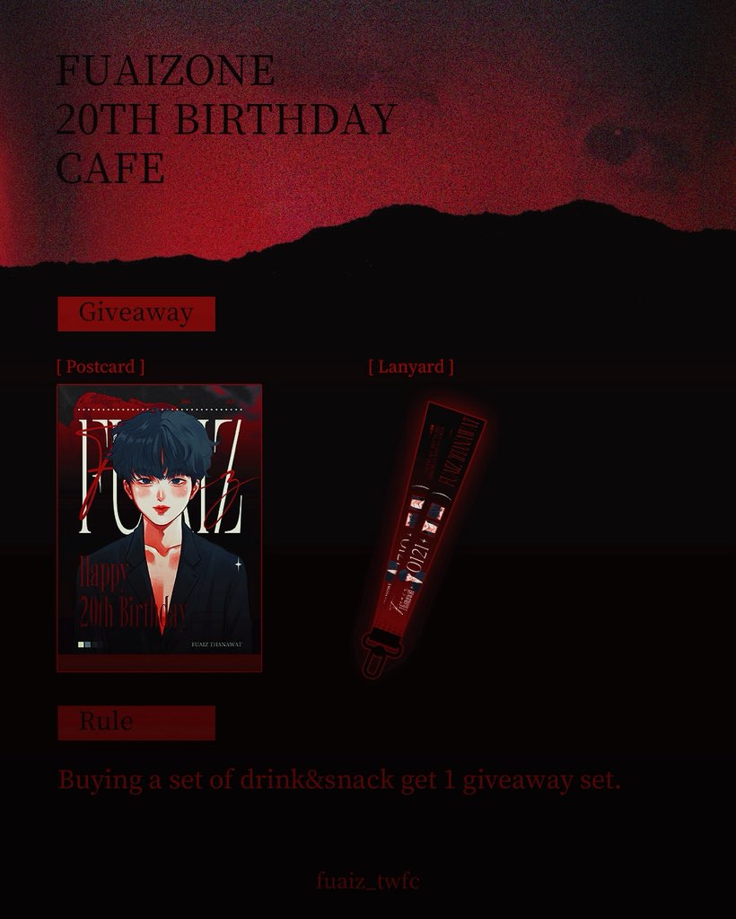 FuAiz_TWFC's tweet photo. 𝐖𝐞𝐥𝐜𝐨𝐦𝐞 𝐭𝐨 #FuaiZone20th ❤️

𝐆𝐢𝐯𝐞 𝐀𝐰𝐚𝐲❤️🎁
✨Postcard
✨Lanyard

RULE📒
Buying a set of drink&amp;cake get 1 give away set.

@fuaiz_thanawat ❤️

#FuaizThanawat #Fuaiz_TWFC https://t.co/GkLWNVLb8O