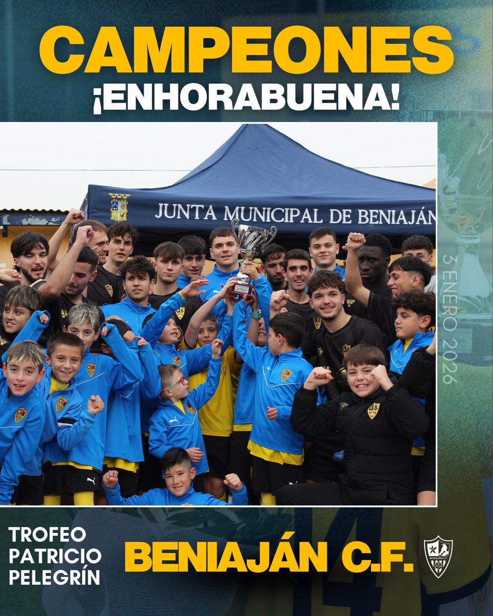 //CAMPEONES//

¡Nuestro Beniaján C.F. consigue por primera vez el trofeo Patricio Pelegrín!🤩

Chato pondría la guinda al pastel anotando el quinto penalti, dándonos la victoria del partido 👏🏻

¡GRANDE EQUIPO Y GRANDE NUESTRA AFICIÓN QUE ESTUVO PRESENTE DURANTE TODA LA MAÑANA!💛