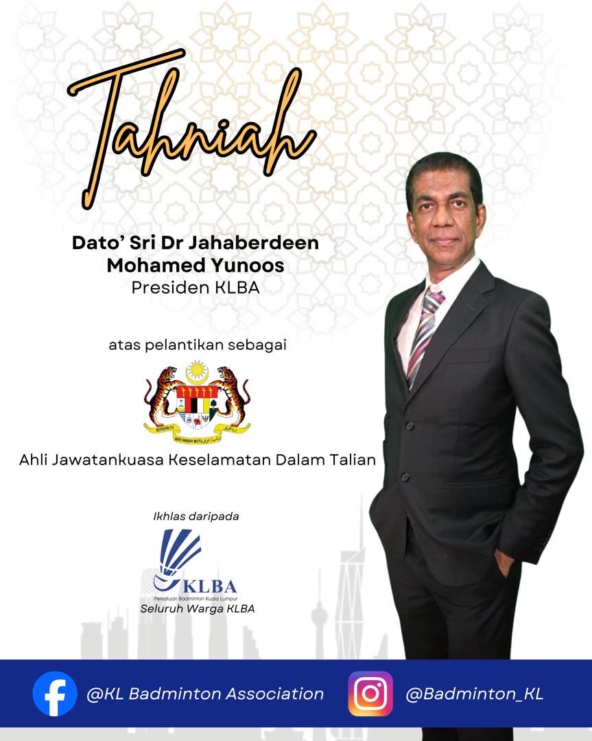 BadmintonKL's tweet photo. Tahniah kepada Presiden KLBA, Dato’ Sri Dr. @jahamy atas pelantikan sebagai Ahli Jawatankuasa Keselamatan Dalam Talian! 👏

#KL_Be_A
#BadmintonKL
#IhsanMelaluiSukan
#BersatuMaju https://t.co/TAdffxX7dL
