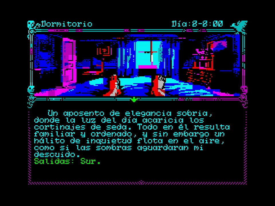 JavierFopiani's tweet photo. Sigo con mi nuevo juego de #ZXSpectrum. He añadido las clásicas salidas Norte/Sur/Este/Oeste. Ya existían flechas de dirección en el marco.
¿Mejor así o es redundante? ¿preferís solo las flechas como estaba antes?🤔 https://t.co/wmV9JpxiPF