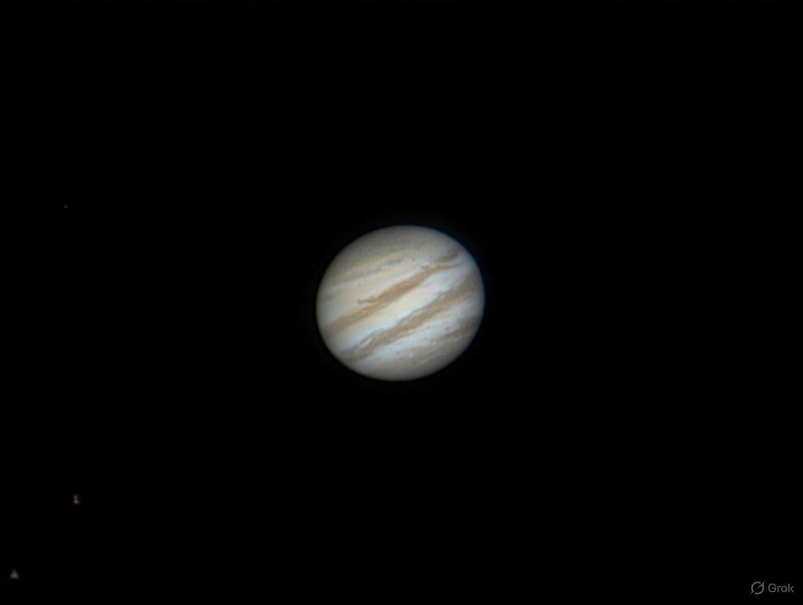 A picture of Jupiter that I took last night. I asked <a href="/grok/">Grok</a> to denoise it and upscale the resolution. Grok is very cool 😎👌