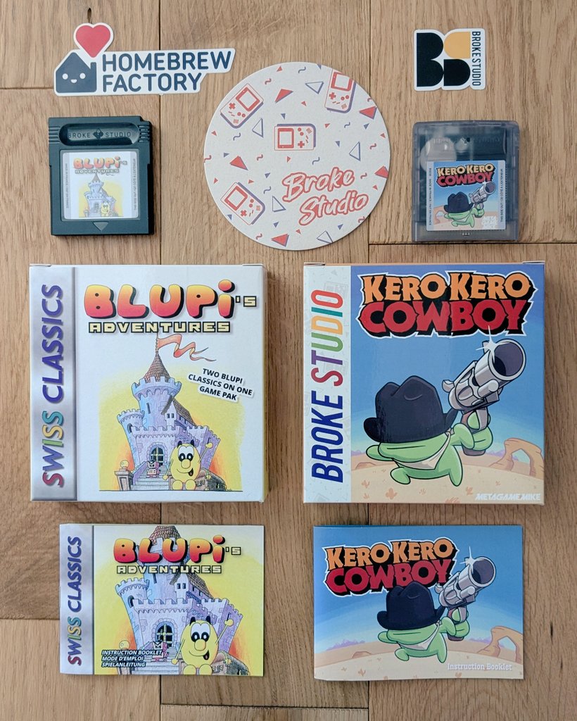 Magnifique réception homebrew Game Boy en physique, de chez <a href="/Broke_Studio/">Broke Studio</a> <a href="/HomebrewFactory/">Homebrew Factory</a> 😍
On a "Kero Kero Cowboy", l'excellent platformer de <a href="/MetagameMike/">Mike | Kero Kero Cowboy OUT NOW!</a>, et "Blupi's Adventures", l'adaptation des classiques du puzzle games par <a href="/initmaster/">initmaster</a>.
De belles heures devant moi sur GB