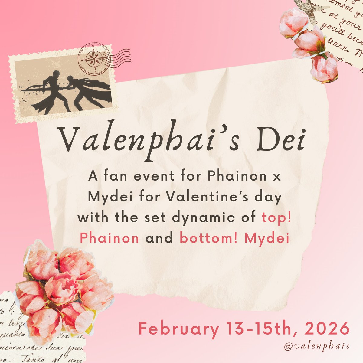valenphais's tweet image. new year, new #phaidei event!

we’re thrilled to announce Valenphai’s Dei, a 3-day event centred around top!Phainon x bottom!Mydei for valentine’s day

💌 feb. 13, 14 and 15th 2026

more info to come so mark your calendars!
