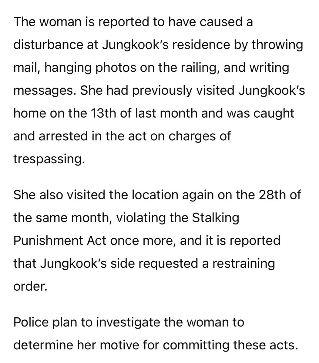 JKchartsmaster's tweet image. According to K-media, the Yongsan Police have arrested a woman in her 30s today for stalking outside Jungkook’s residence. She also visited on 12/13, during which she was also arrested, and 12/28. Jungkook has requested a restraining order.

n.news.naver.com/article/449/00…
