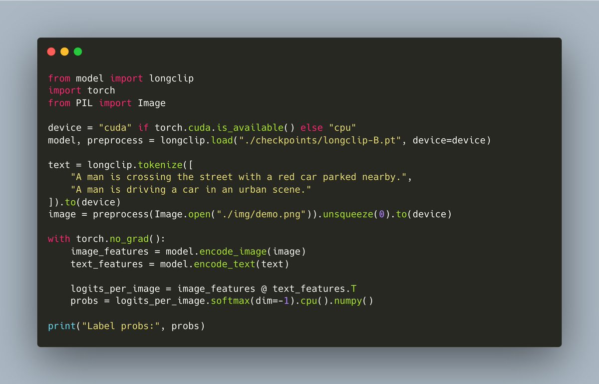 cgd_lab's tweet photo. 🔥 Want LongCLIP in a familiar API? Now you can use LongCLIP with a Transformers-compatible API — load models like any other 🤗 Transformers model and run long-text vision-language inference with the `.from_pretrained` function.

← After &amp; Before →

🚀 Link in the next tweet 👇 https://t.co/bgdm3JgR0Z