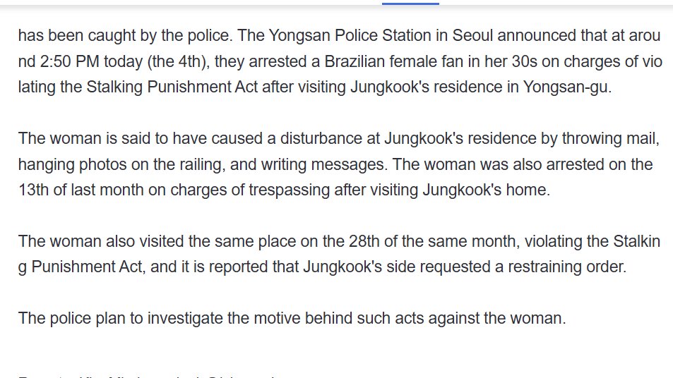 dailyjkpraise's tweet photo. The Yongsan Police Station in Seoul announced that at around 2. 50 PM today (the 4th), they arrested a Brazilian female fan in her 30s on charges of violating the Stalking Punishment Act after visiting Jungkook's residence.

LEAVE HIM ALONE!! https://t.co/4JXLTHmz7W