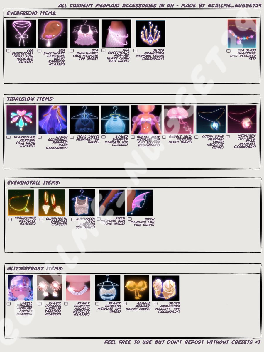 All mermaid accessories chart: update 2

Big thank you to those that helped with the missed items!

If I've missed anymore items please let me know <3